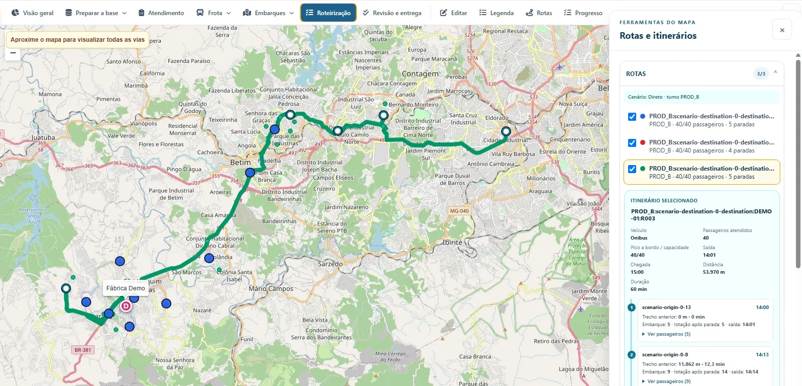 Rota de ônibus no mapa com o itinerário parada a parada