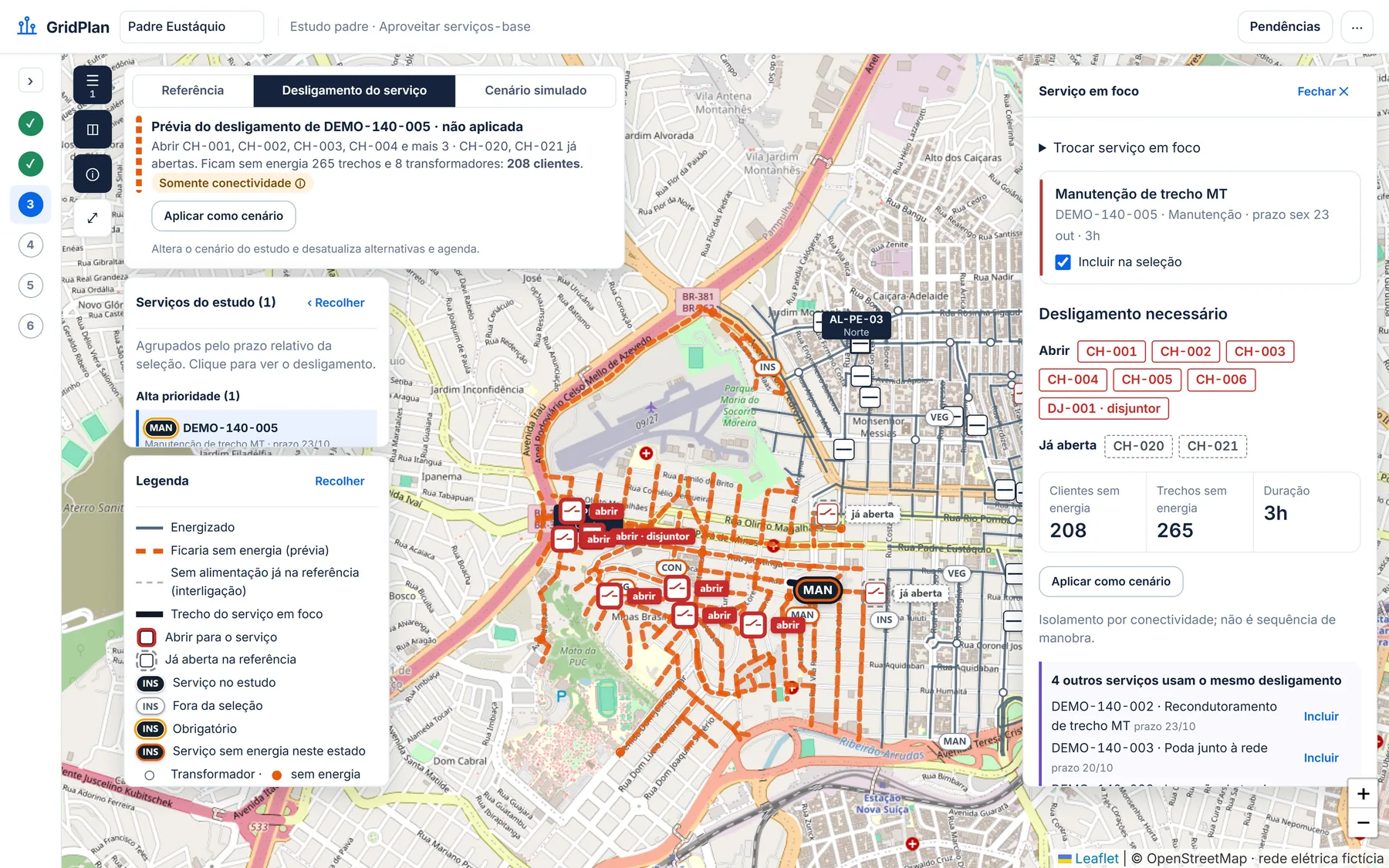 Mapa da rede com a prévia do desligamento de uma nota