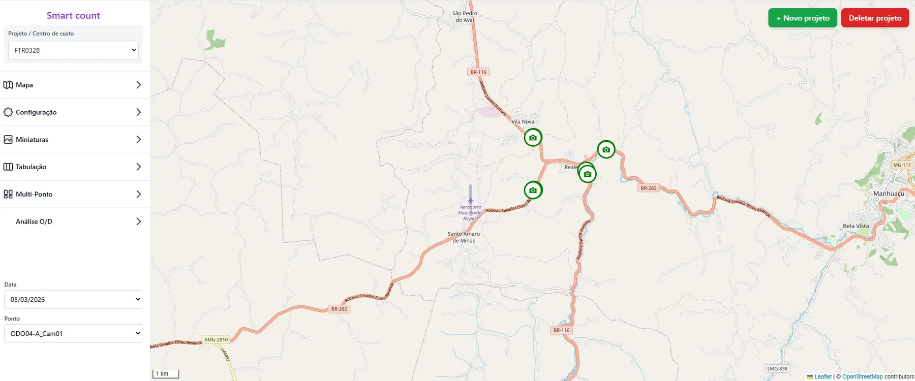 Mapa com os pontos filmados de uma pesquisa